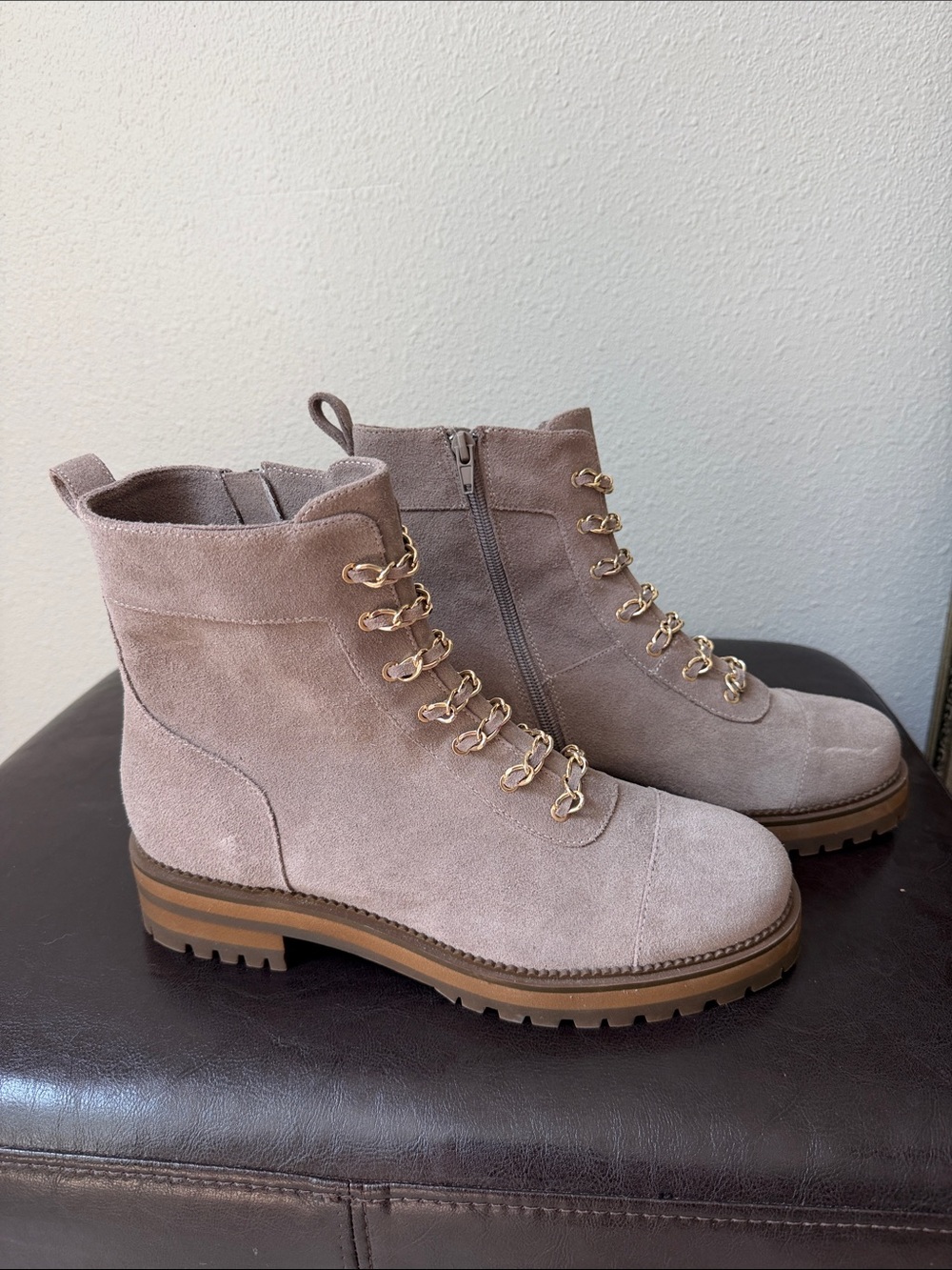 Cecelia New York Women's Taupe Suede Lace-Up Ankle Boots with Gold Hardware